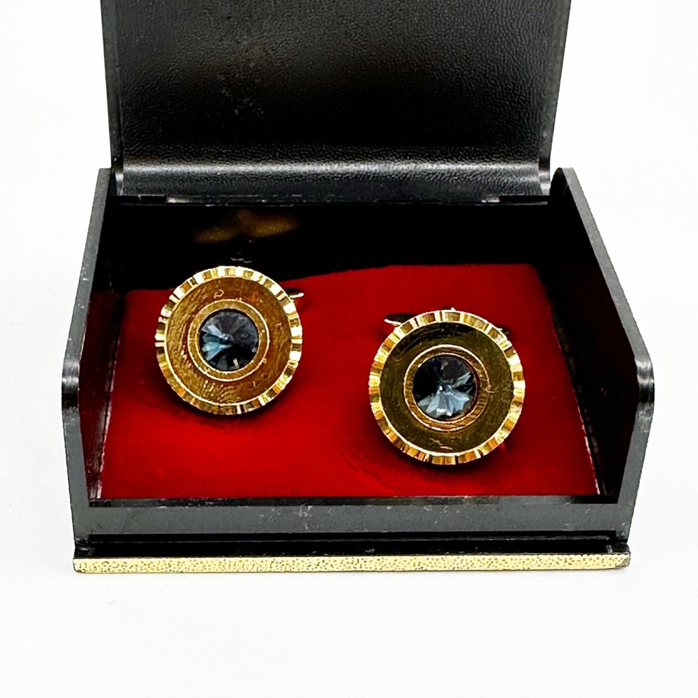 Vintage Gold Tone Blue Topaz Scalloped Edge Round Cufflinks Unsigned IOB